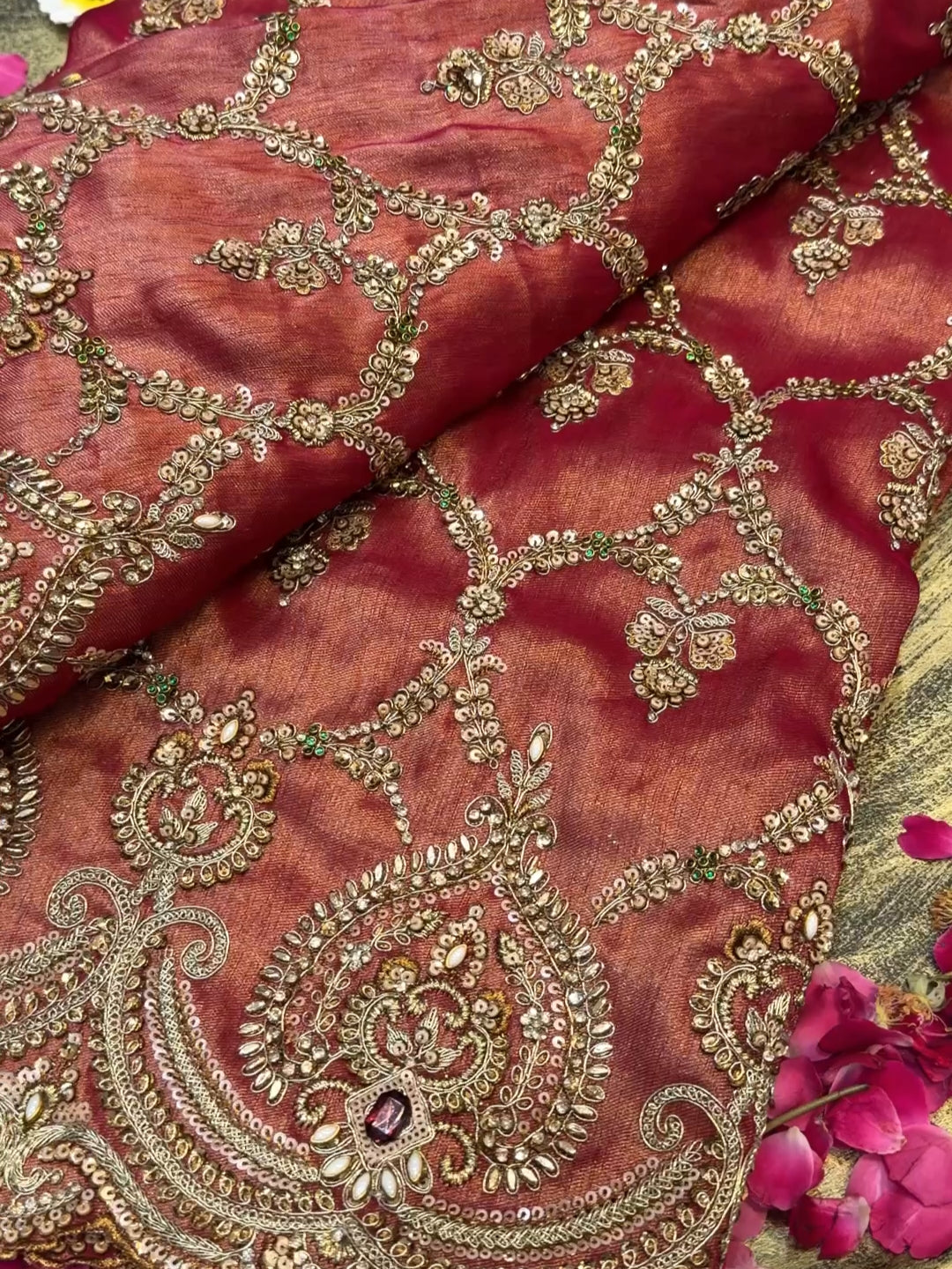 Heavy Zari & Kundan Embroidered Silk Bridal Saree with Heavy Embroidered Blouse in Rust
