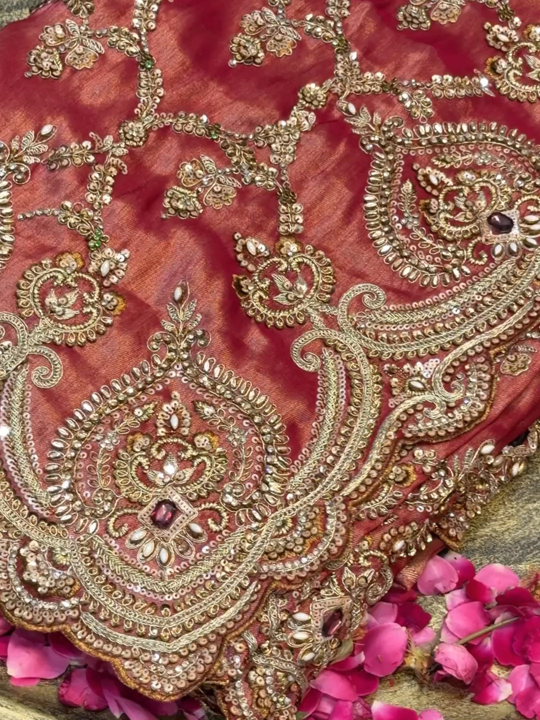 Heavy Zari & Kundan Embroidered Silk Bridal Saree with Heavy Embroidered Blouse in Rust