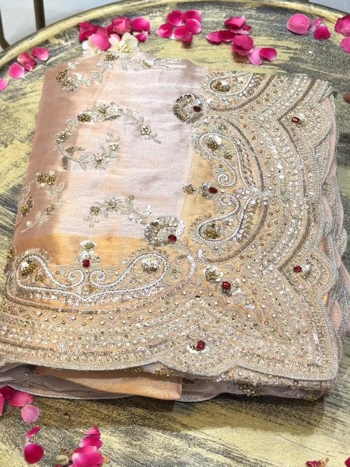 Tissue Silk Zari & Pearl Embroidered Bridal Saree with Heavy Embroidered Blouse in Peach