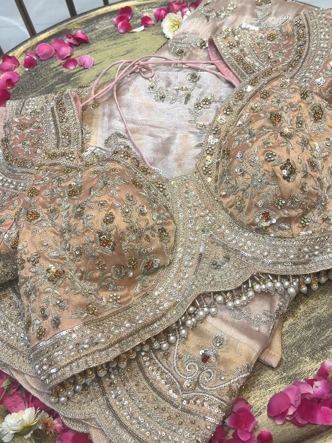 Tissue Silk Zari & Pearl Embroidered Bridal Saree with Heavy Embroidered Blouse in Peach