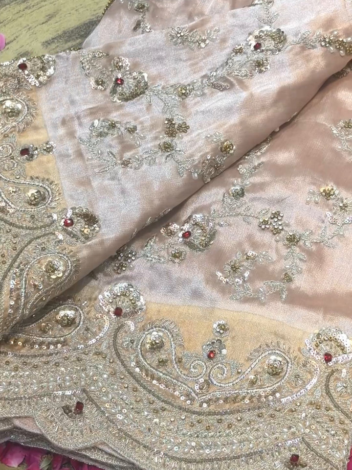 Tissue Silk Zari & Pearl Embroidered Bridal Saree with Heavy Embroidered Blouse in Peach