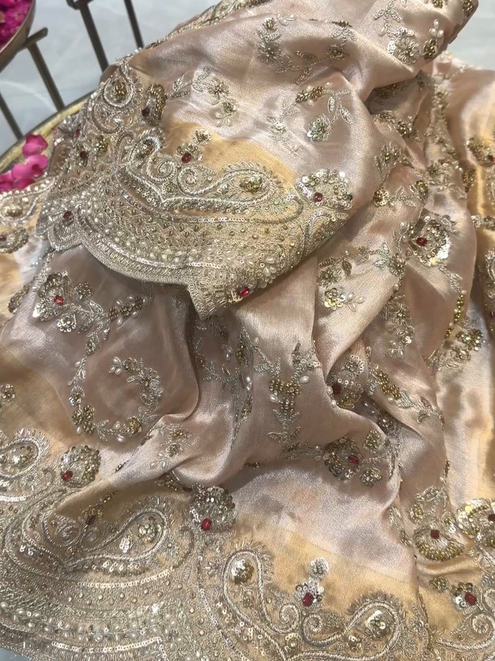 Tissue Silk Zari & Pearl Embroidered Bridal Saree with Heavy Embroidered Blouse in Peach