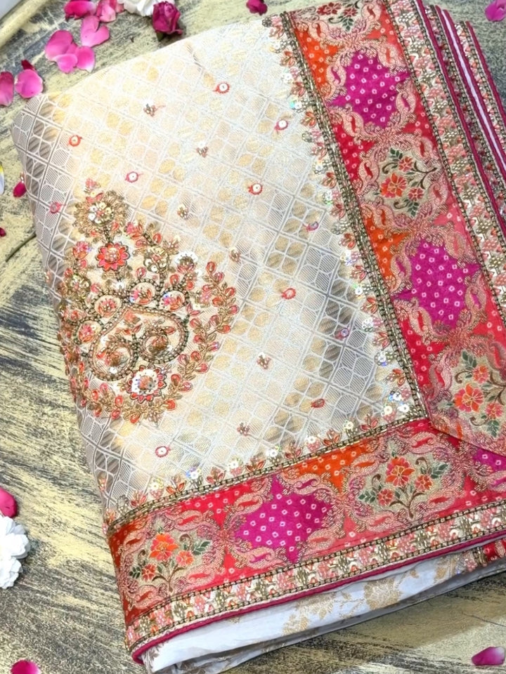 Banarasi Silk Bandhani & Zari Woven Saree with Multicolor Embroidered Blouse in Ivory & Multicolor