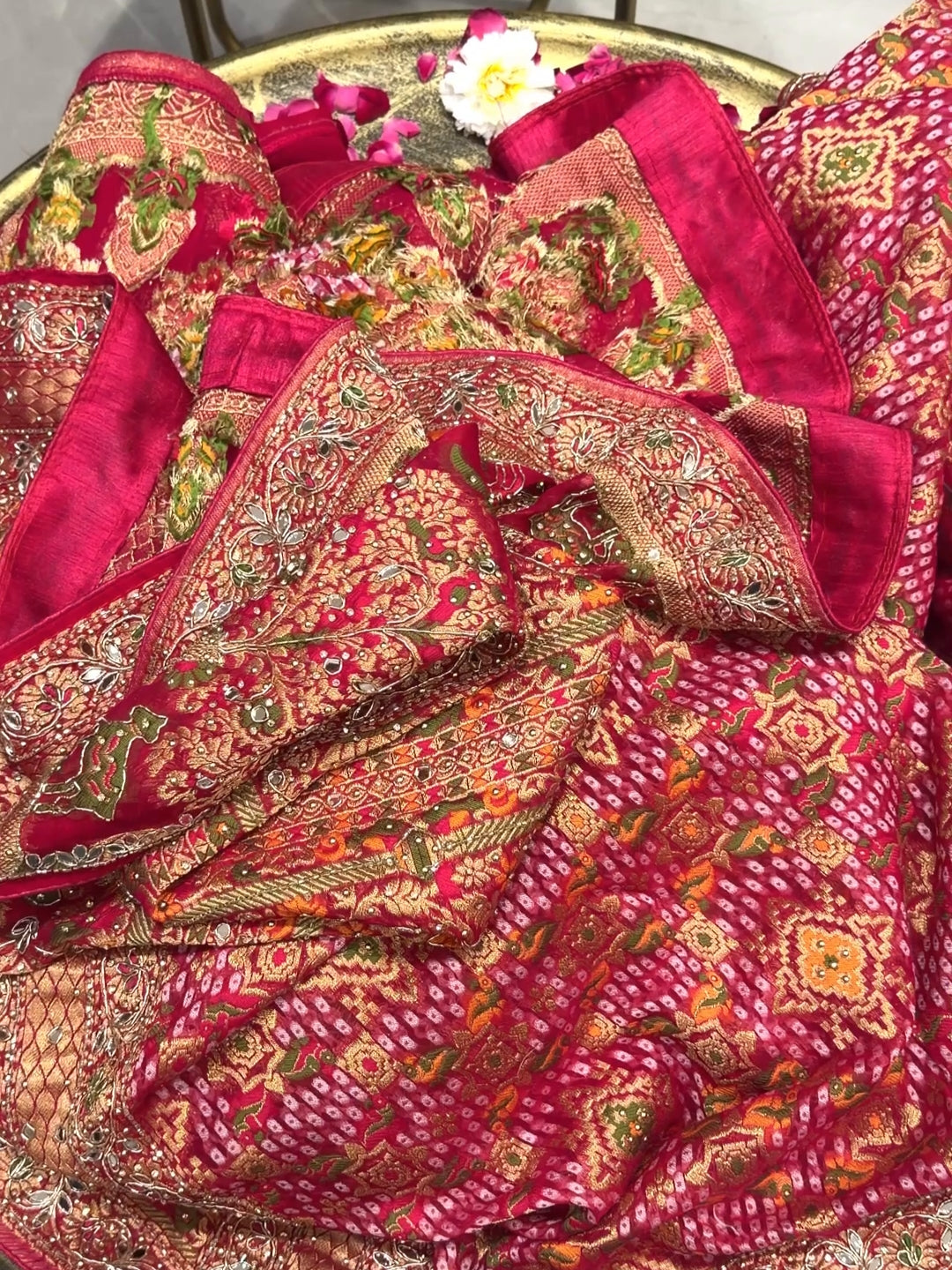 Banarasi Bandhani Zari Embroidered & Mirror Work Saree in Magenta Pink