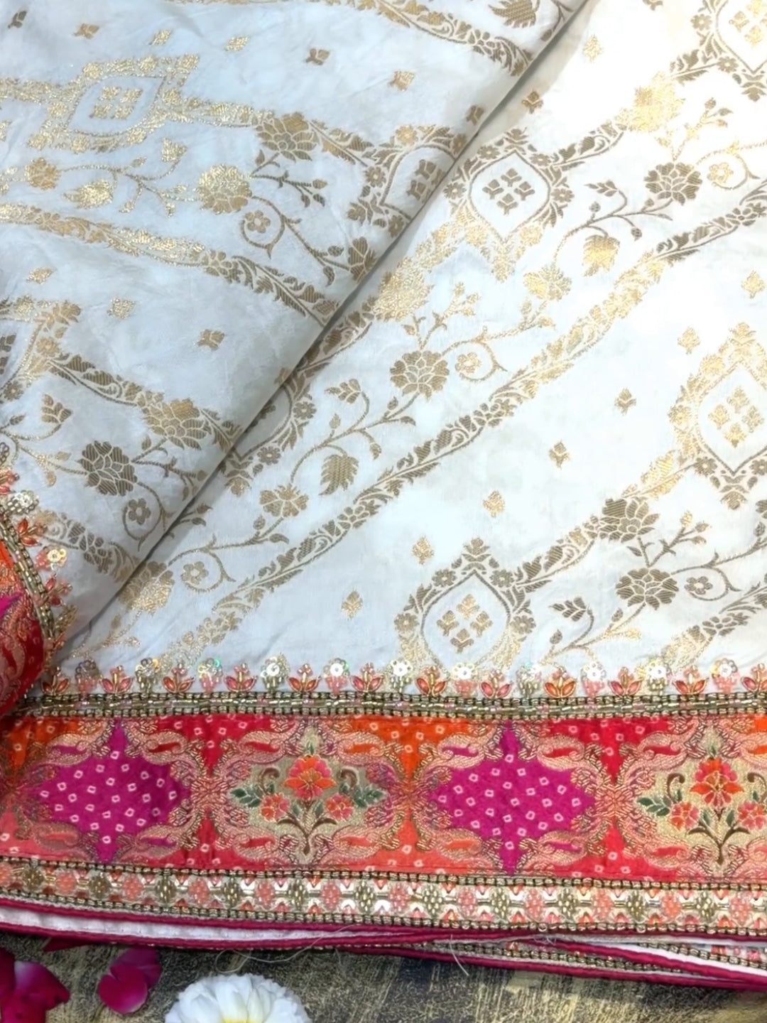 Banarasi Silk Bandhani & Zari Woven Saree with Multicolor Embroidered Blouse in Ivory & Multicolor