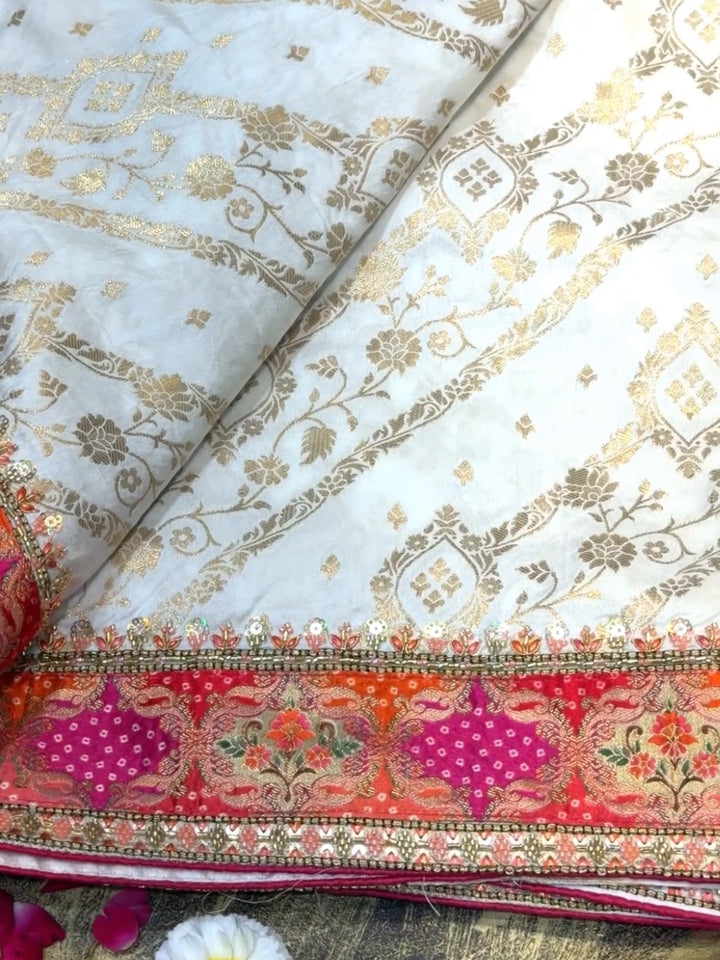 Banarasi Silk Bandhani & Zari Woven Saree with Multicolor Embroidered Blouse in Ivory & Multicolor
