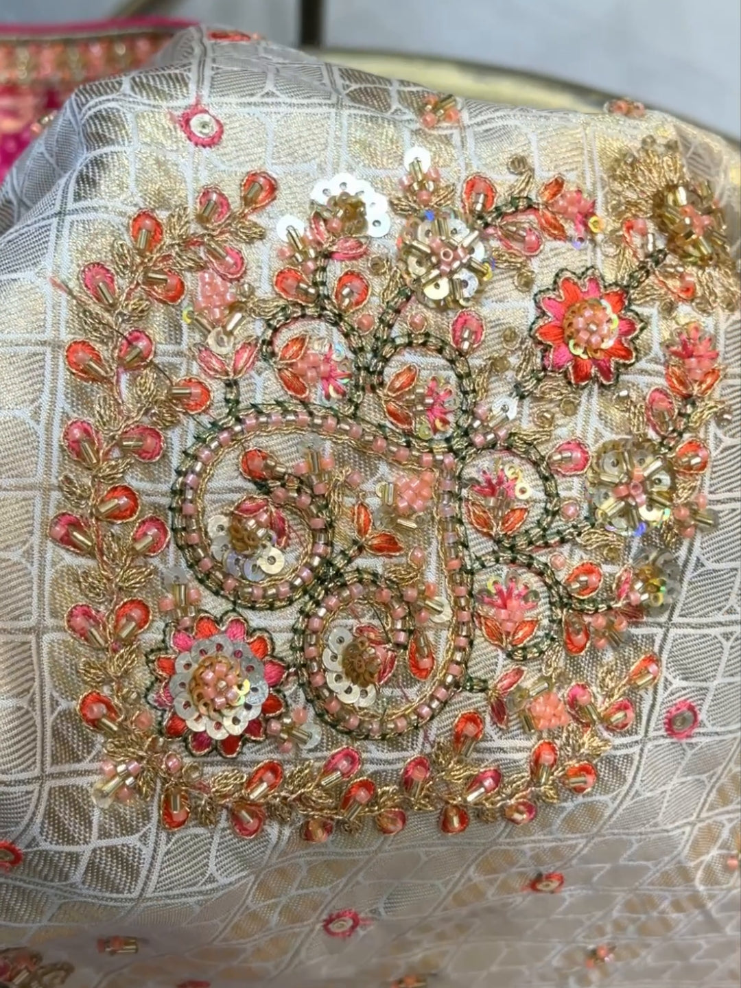 Banarasi Silk Bandhani & Zari Woven Saree with Multicolor Embroidered Blouse in Ivory & Multicolor