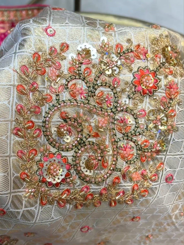 Banarasi Silk Bandhani & Zari Woven Saree with Multicolor Embroidered Blouse in Ivory & Multicolor
