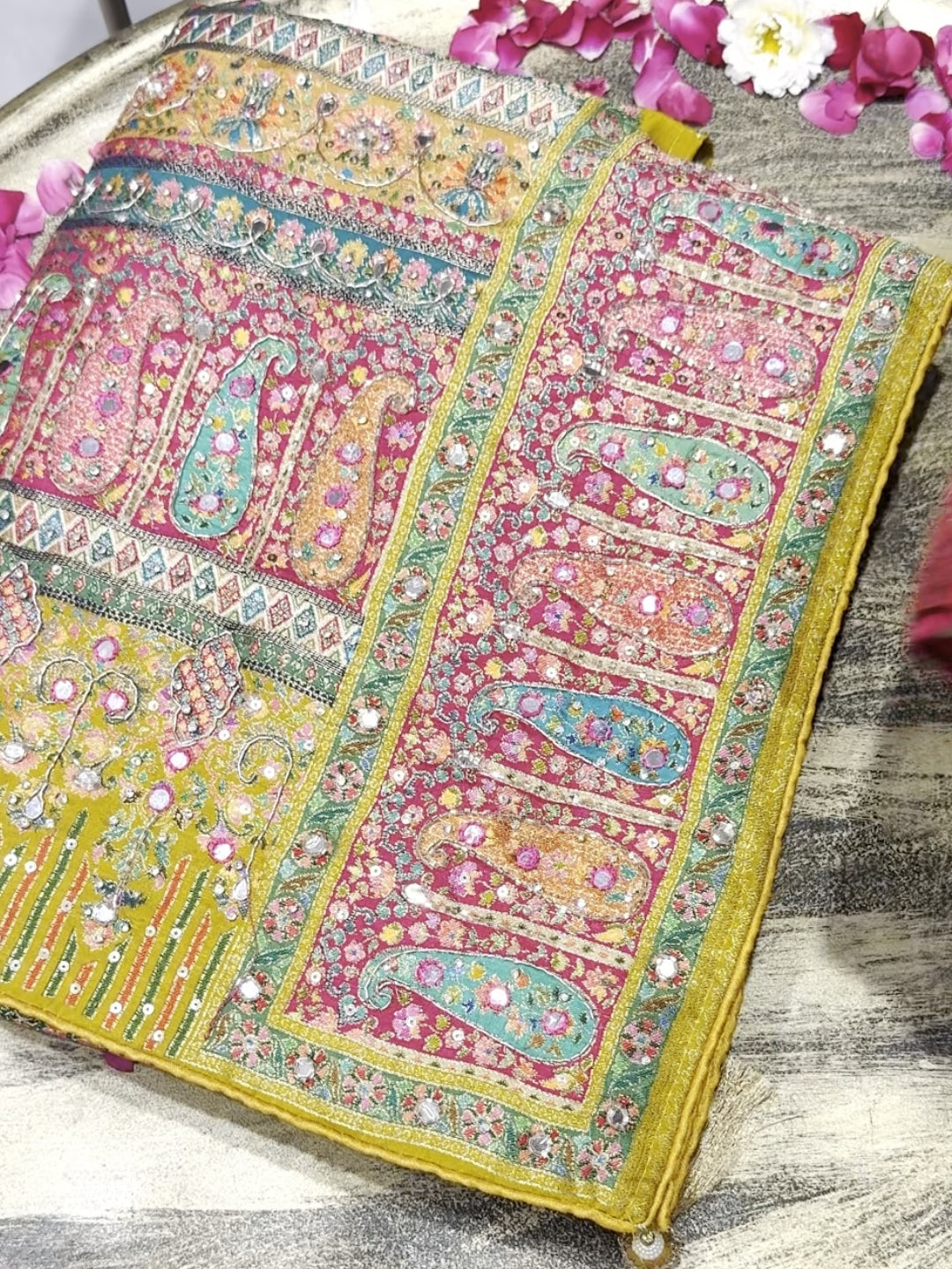 Banarasi Silk Colorblocked Paisley Woven & Sequin Embroidered Saree in Mustard