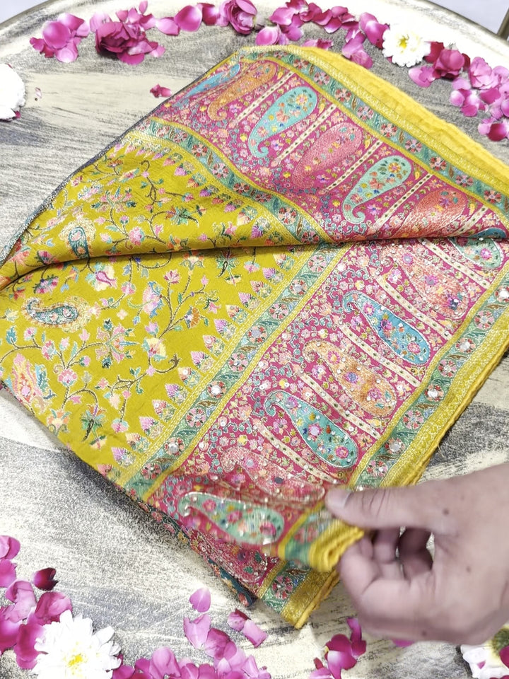 Banarasi Silk Colorblocked Paisley Woven & Sequin Embroidered Saree in Mustard