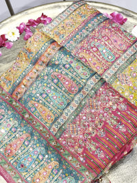 Banarasi Silk Colorblocked Paisley Woven & Sequin Embroidered Saree in Multicolor