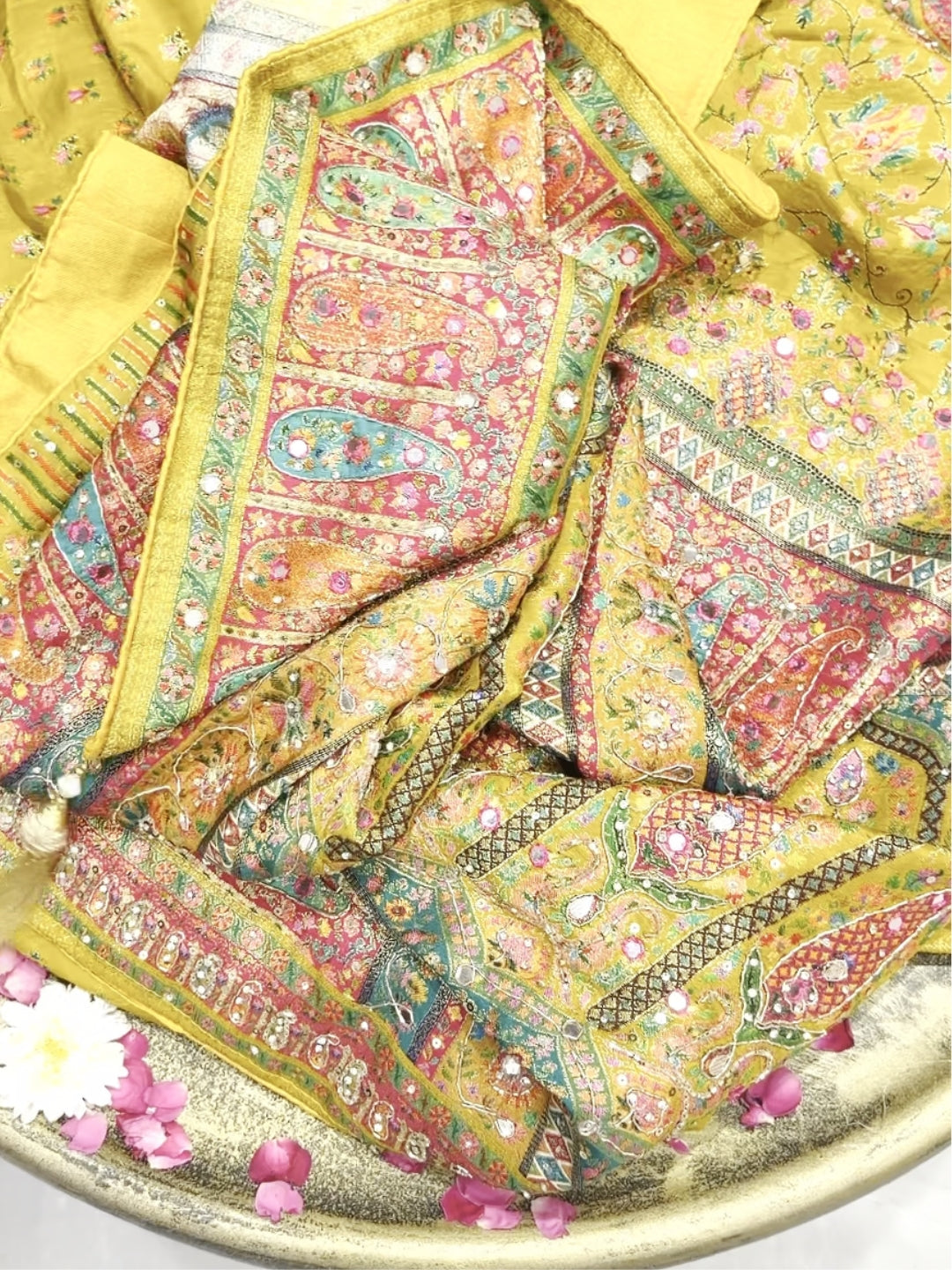 Banarasi Silk Colorblocked Paisley Woven & Sequin Embroidered Saree in Mustard