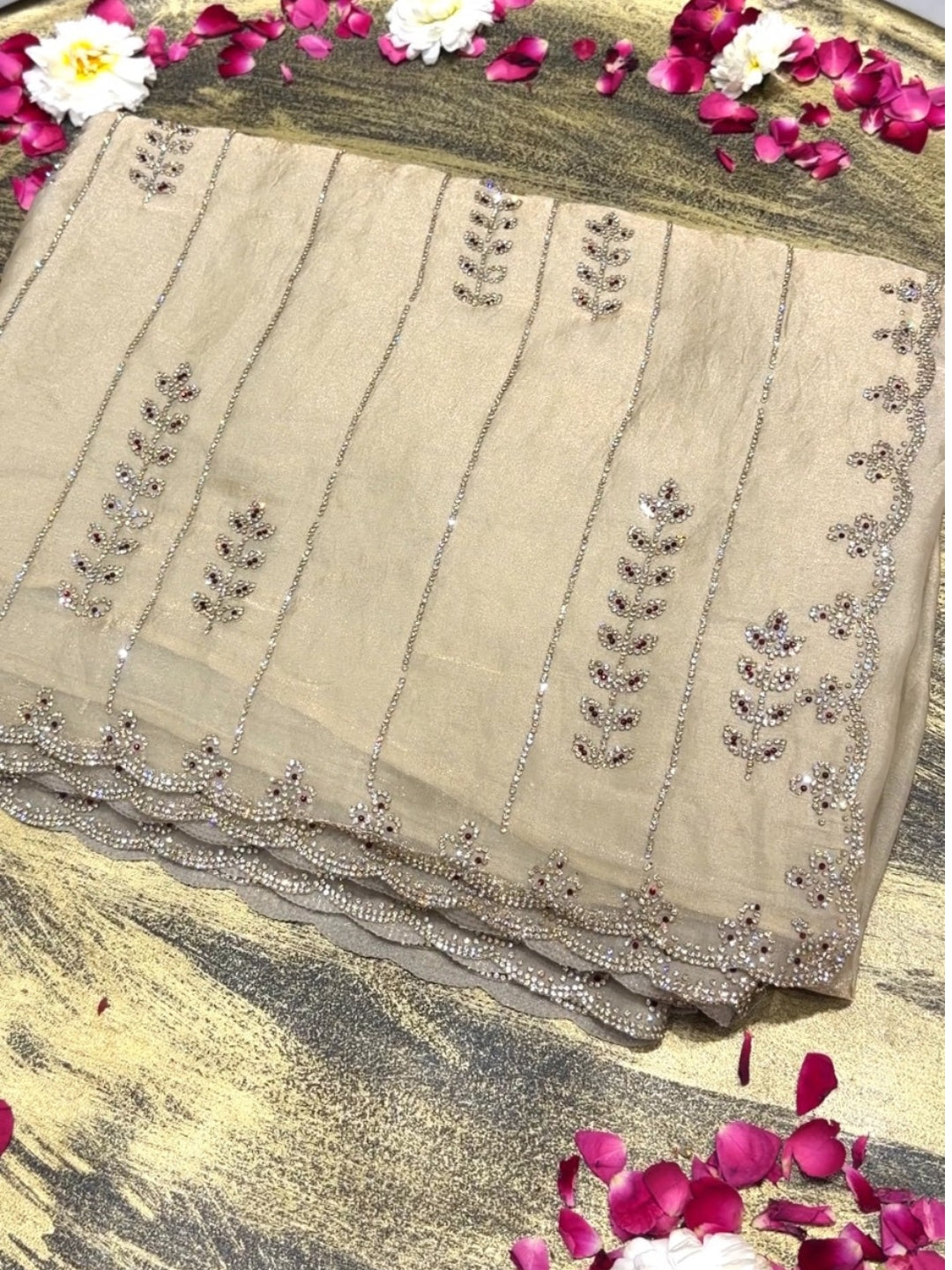 Tissue Silk Crystal & Bead Embroidered Striped Saree with Scalloped Border in Beige