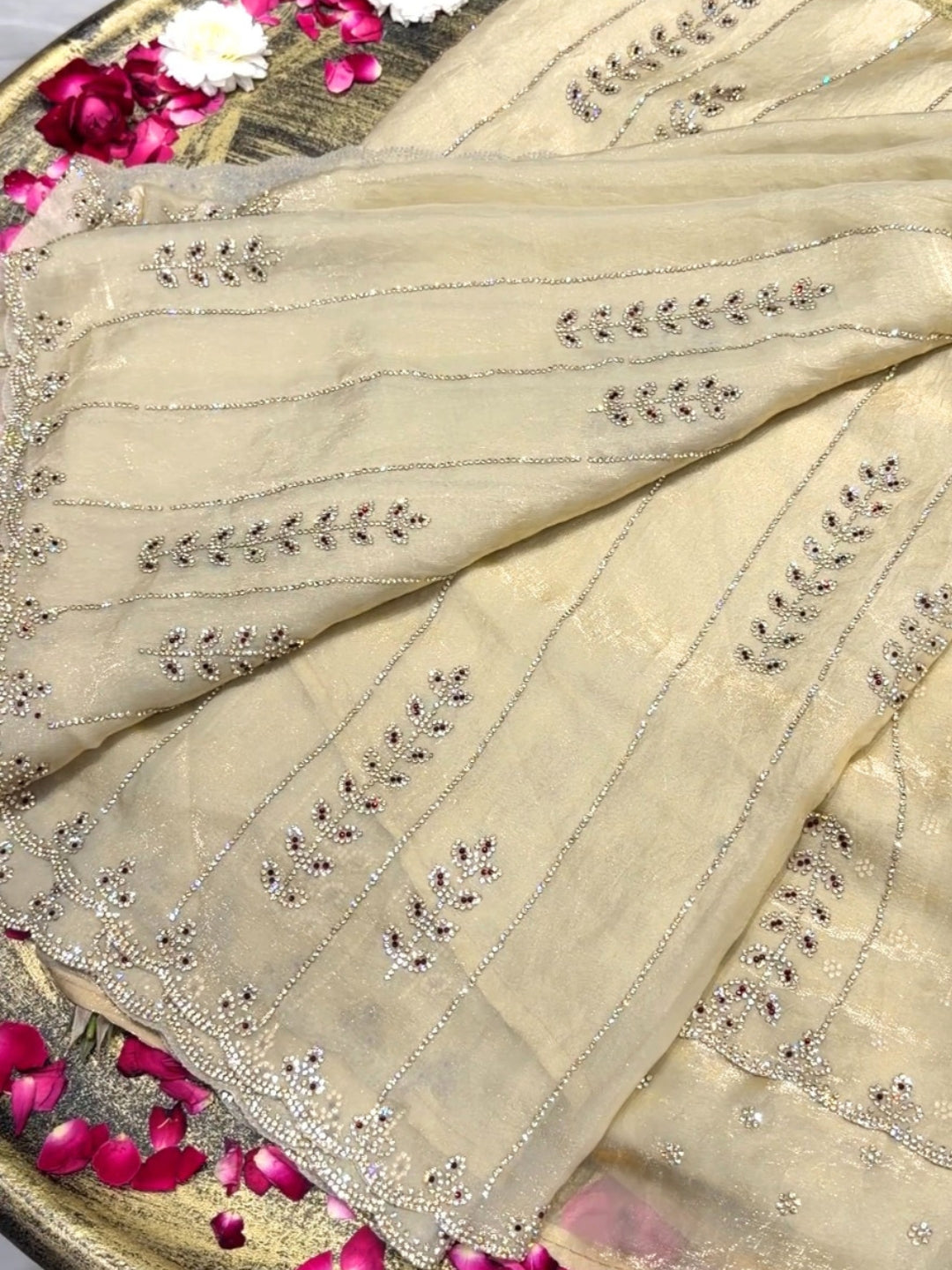 Tissue Silk Crystal & Bead Embroidered Striped Saree with Scalloped Border in Beige