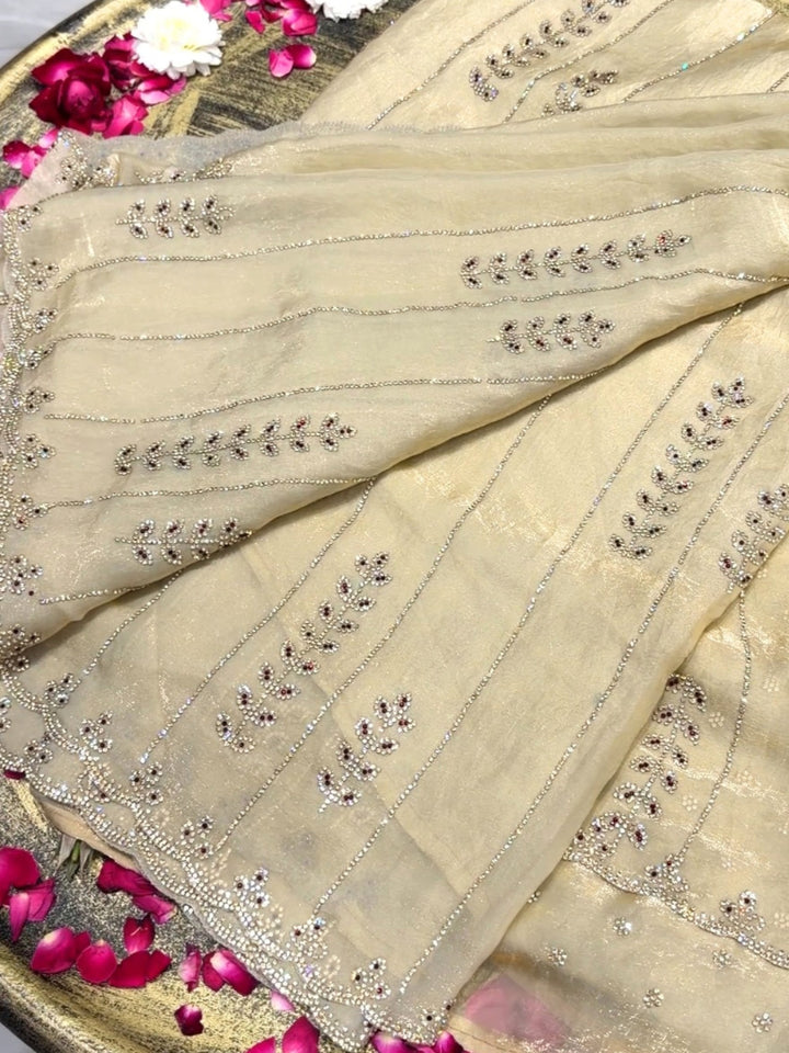 Tissue Silk Crystal & Bead Embroidered Striped Saree with Scalloped Border in Beige