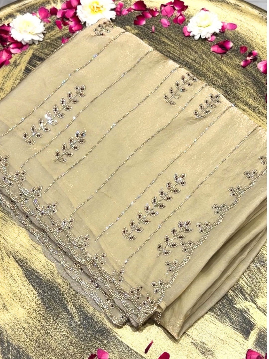Tissue Silk Crystal & Bead Embroidered Striped Saree with Scalloped Border in Beige