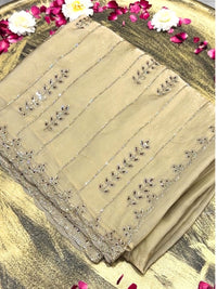 Tissue Silk Crystal & Bead Embroidered Striped Saree with Scalloped Border in Beige