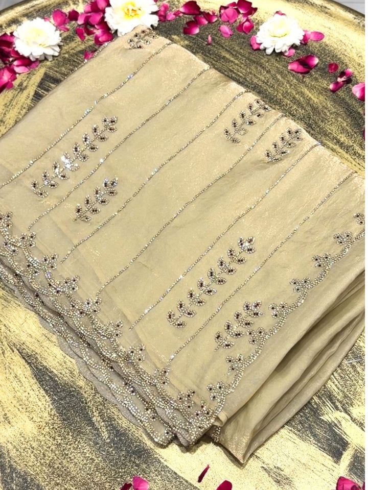 Tissue Silk Crystal & Bead Embroidered Striped Saree with Scalloped Border in Beige
