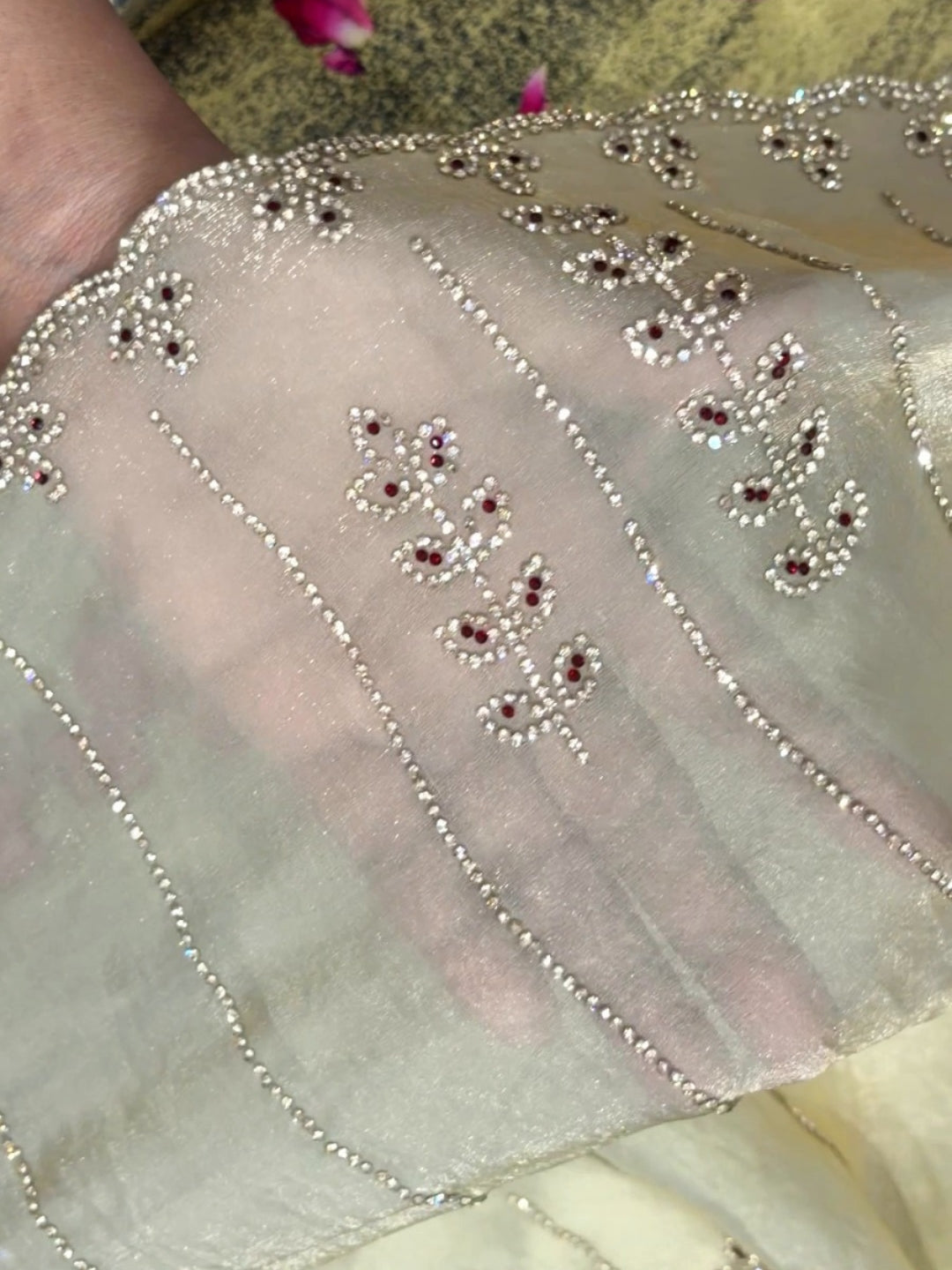 Tissue Silk Crystal & Bead Embroidered Striped Saree with Scalloped Border in Beige