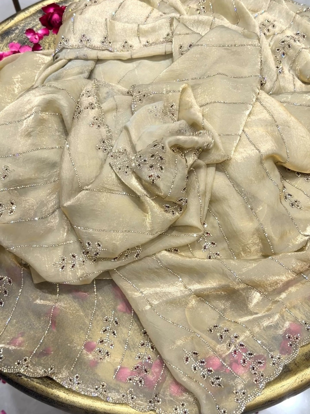 Tissue Silk Crystal & Bead Embroidered Striped Saree with Scalloped Border in Beige