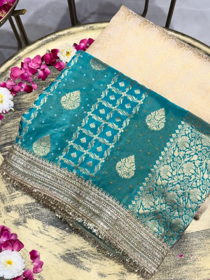 Banarasi Bandhani Silk Zari Woven Saree with Sequin Embroidered Border in Ivory