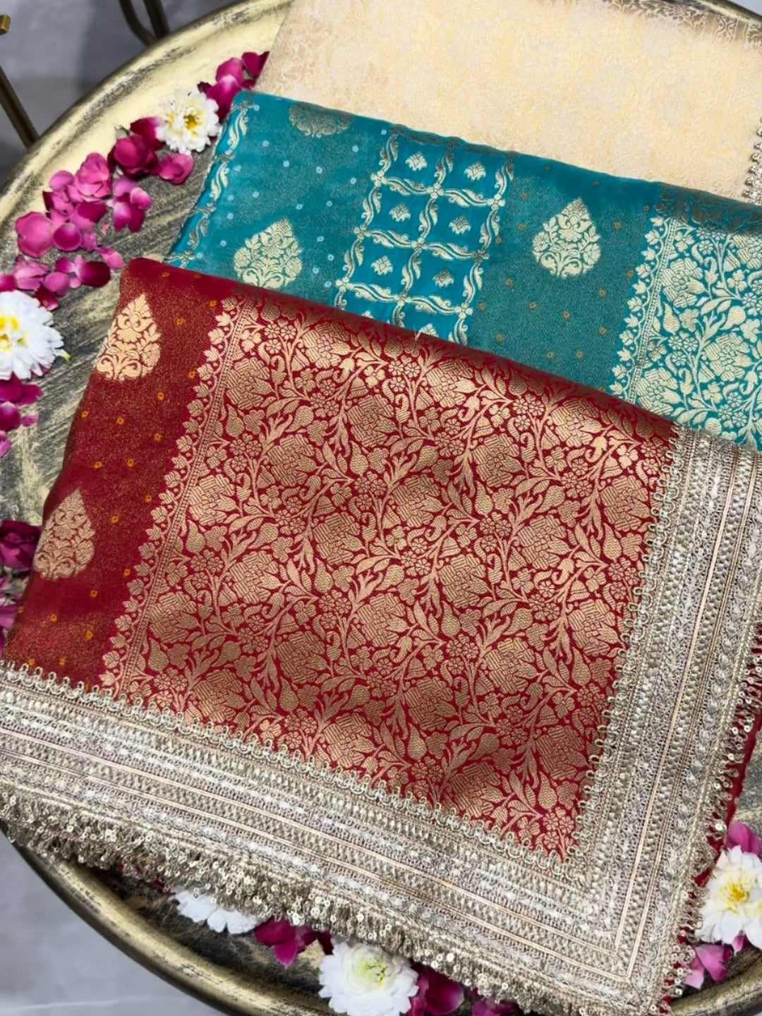 Banarasi Bandhani Silk Zari Woven Saree with Sequin Embroidered Border in Red