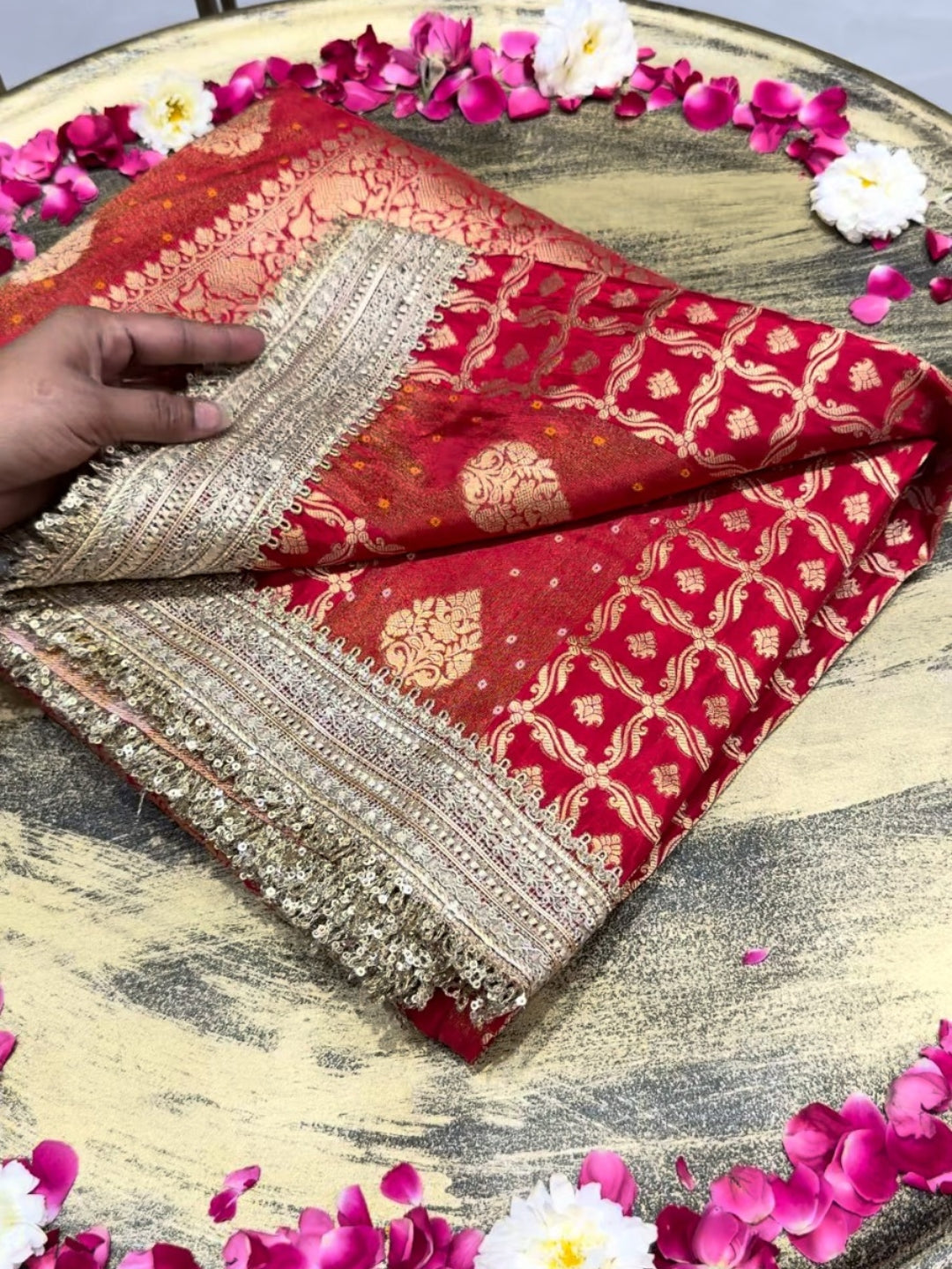 Banarasi Bandhani Silk Zari Woven Saree with Sequin Embroidered Border in Red