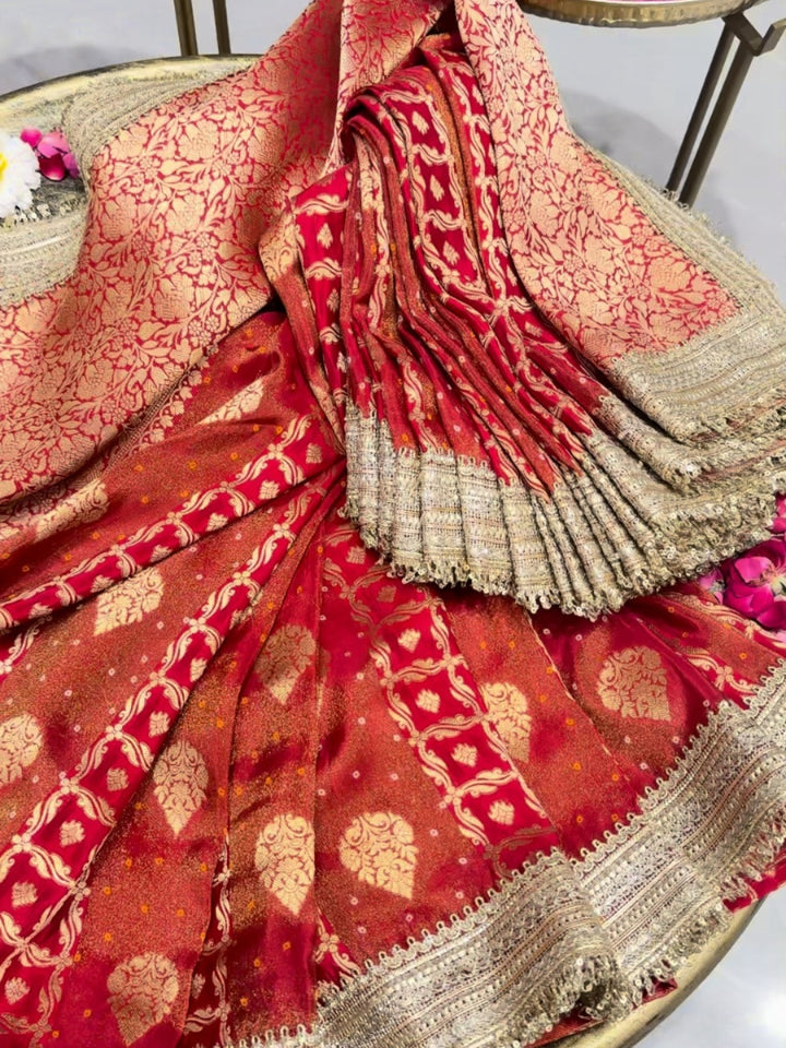 Banarasi Bandhani Silk Zari Woven Saree with Sequin Embroidered Border in Red