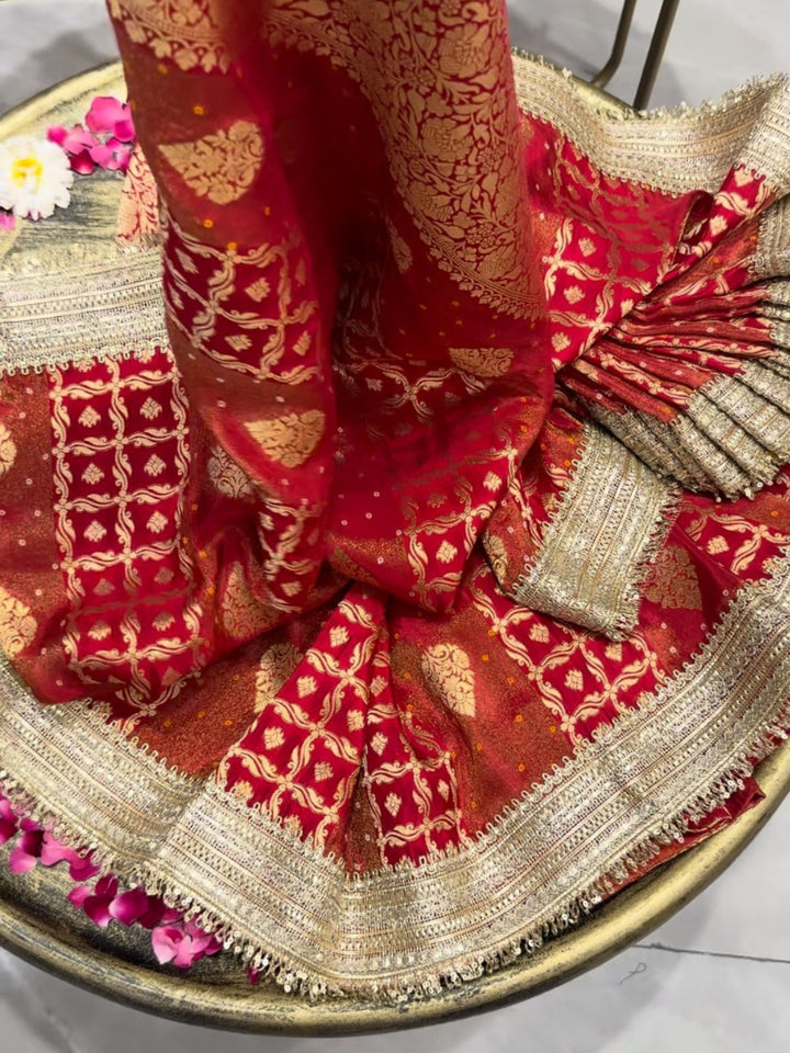 Banarasi Bandhani Silk Zari Woven Saree with Sequin Embroidered Border in Red