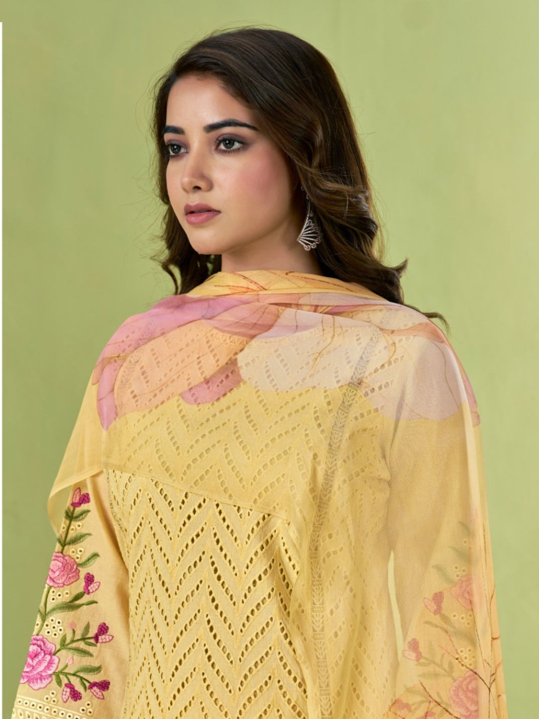 Chikankari & Floral Embroidered Straight Kurta & Trouser Set with Floral Printed Dupatta in Yellow