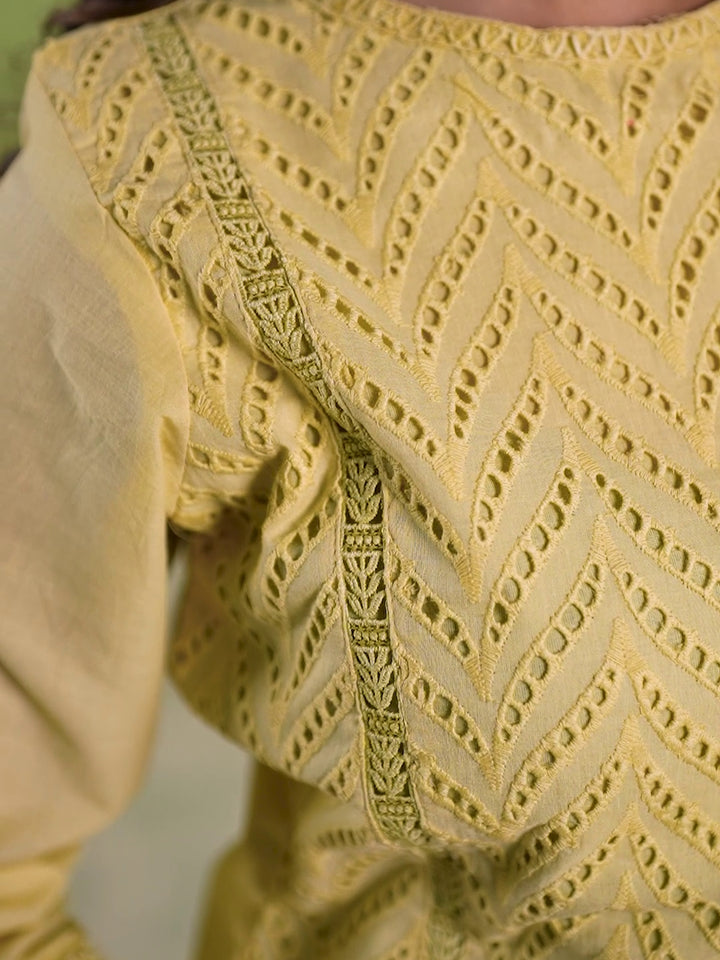Chikankari & Floral Embroidered Straight Kurta & Trouser Set with Floral Printed Dupatta in Yellow