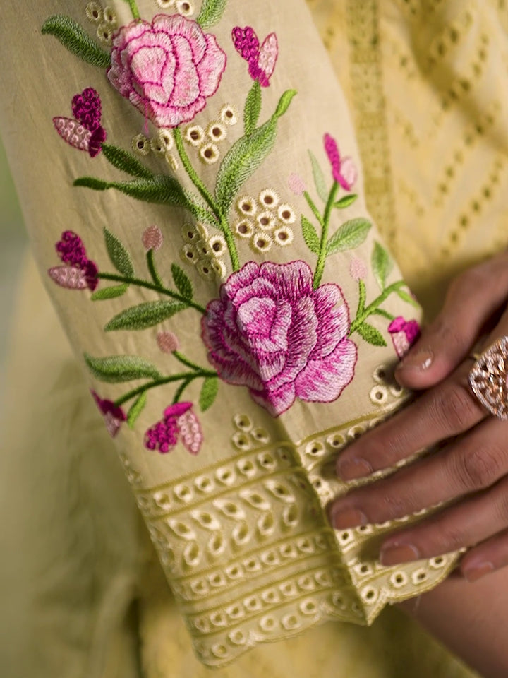 Chikankari & Floral Embroidered Straight Kurta & Trouser Set with Floral Printed Dupatta in Yellow