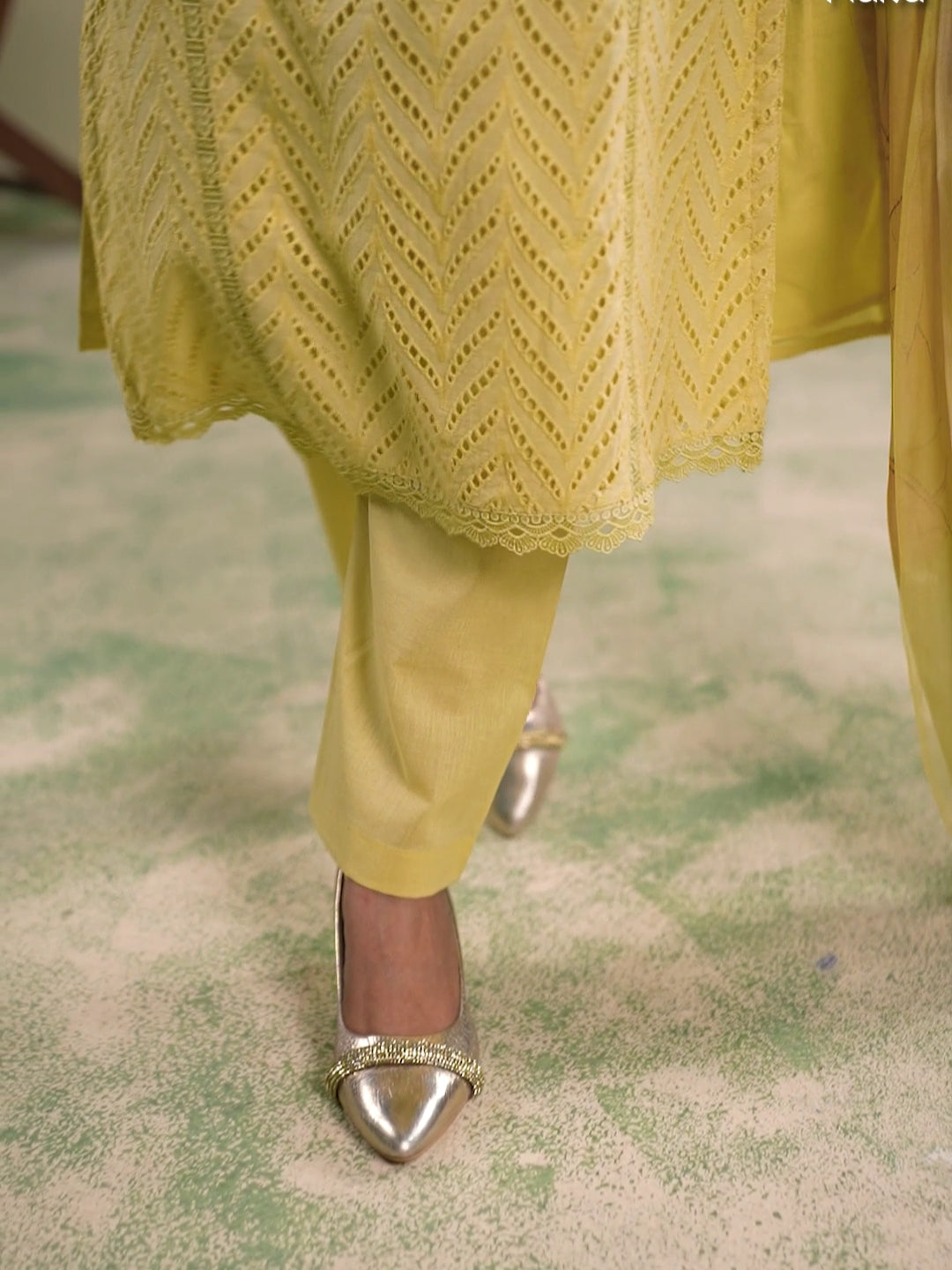 Chikankari & Floral Embroidered Straight Kurta & Trouser Set with Floral Printed Dupatta in Yellow