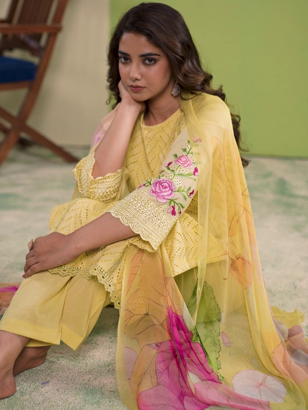 Chikankari & Floral Embroidered Straight Kurta & Trouser Set with Floral Printed Dupatta in Yellow