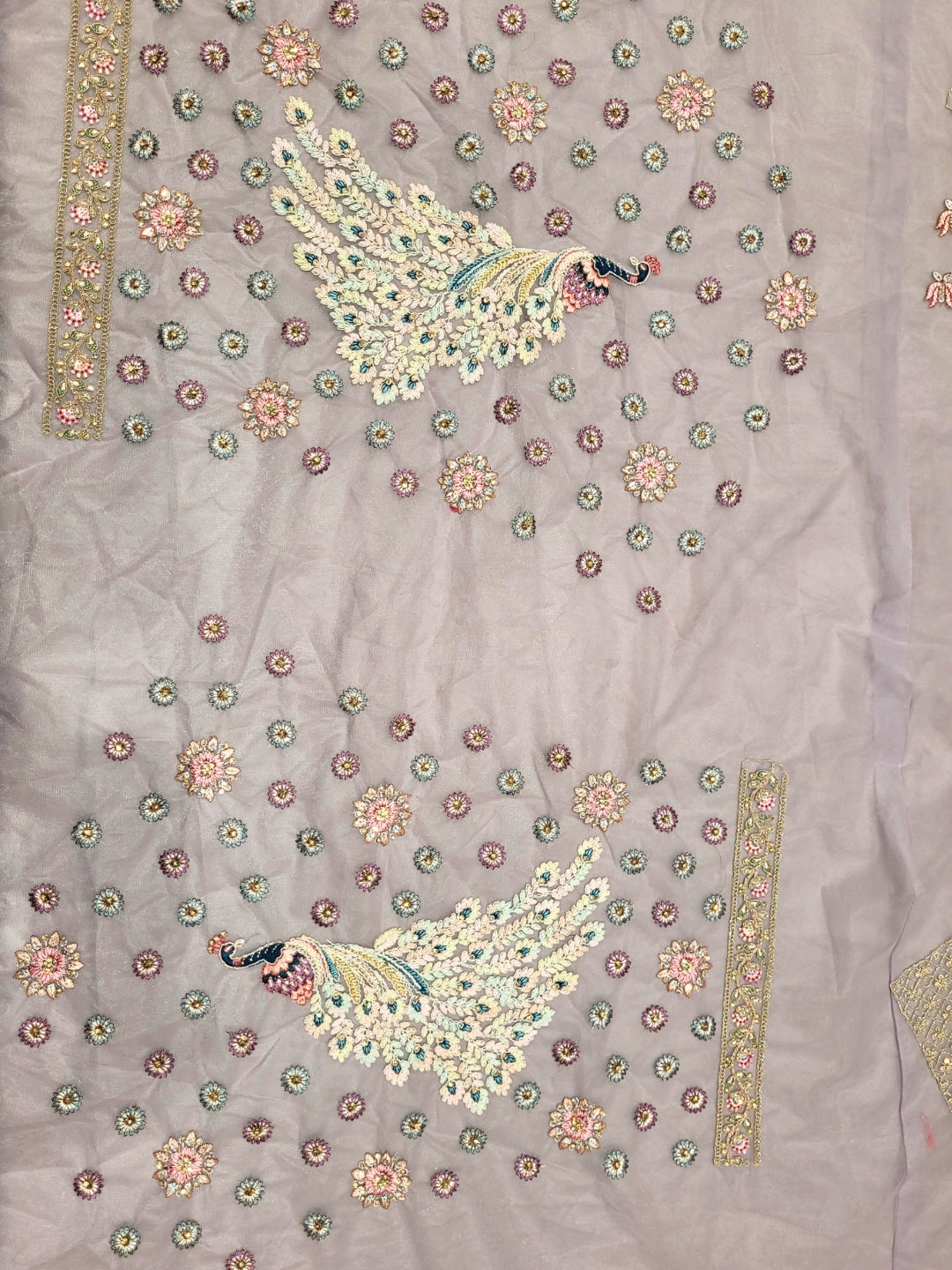 Lavender Embroidered Lehenga with Peacock Motifs & Beaded Floral Work