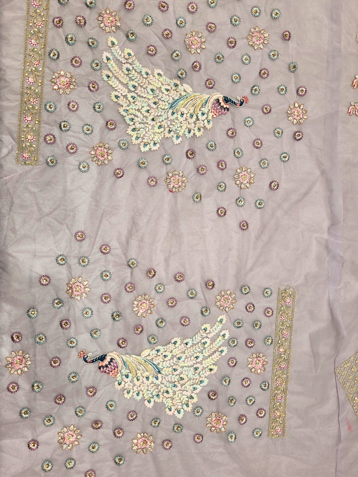 Lavender Embroidered Lehenga with Peacock Motifs & Beaded Floral Work