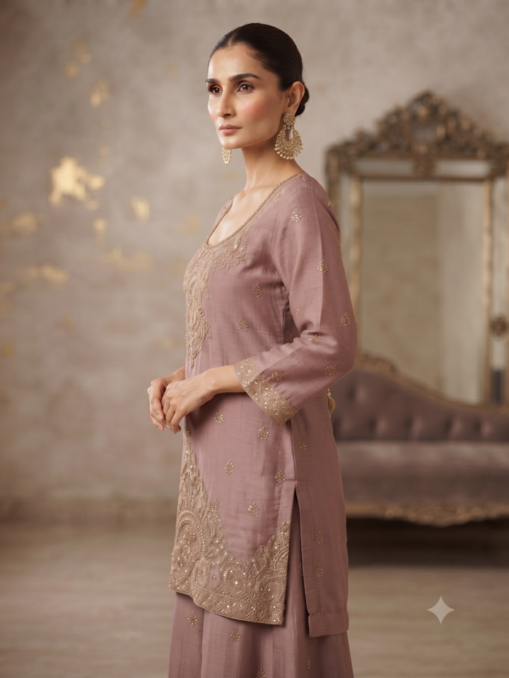 Sequin & Zari Embroidered Kurta with Palazzo Set in Mauve Pink