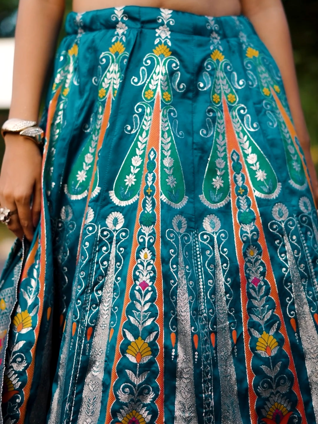 Mirror Work Silk Lehenga Set with Banarasi Weave Dupatta, Multicolor Thread Embroidery