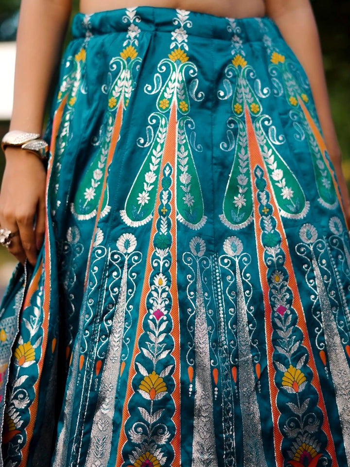 Mirror Work Silk Lehenga Set with Banarasi Weave Dupatta, Multicolor Thread Embroidery