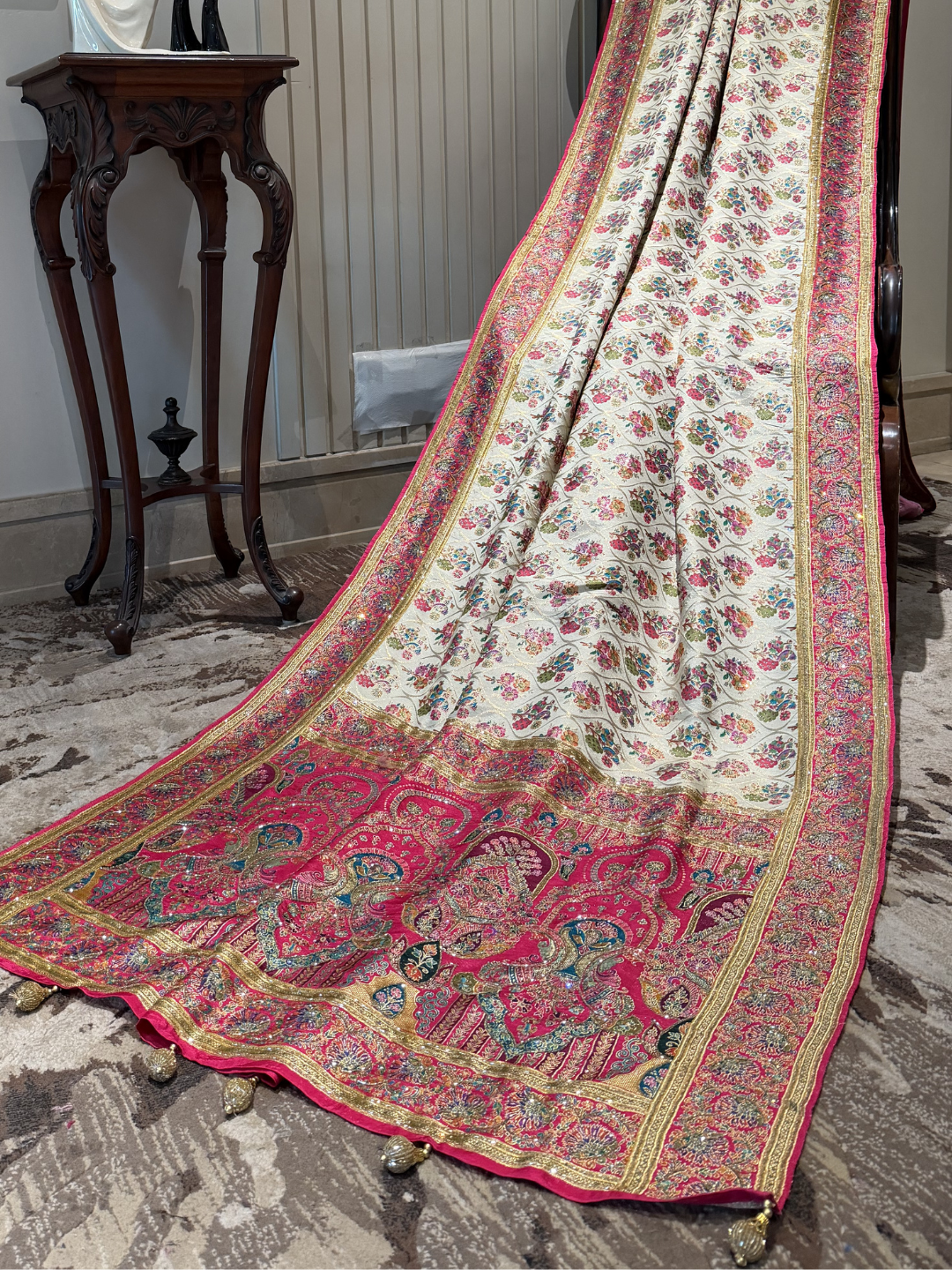 Ivory & Pink Banarasi Silk Saree with Meenakari Floral Jaal Weaving & Heavy Zari Paisley Border with Sequin Work