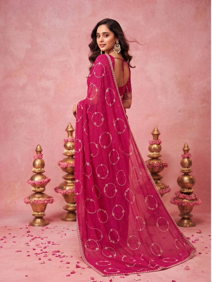 Georgette Saree with Silver Zari Ring Motifs Embroidery & Scalloped Lace Border