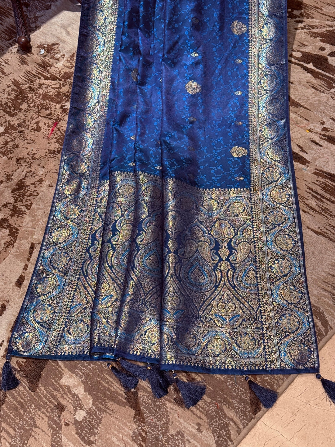 Zari Woven Banarasi Saree with Floral & Paisley Motifs, Golden Brocade Border