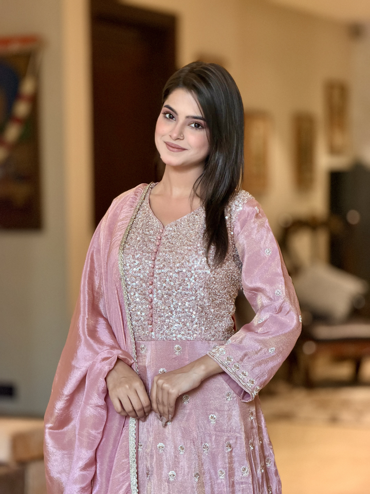 Silk Sequin Embellished & Zari Buti Anarkali Gown with Dupatta in Baby Pink