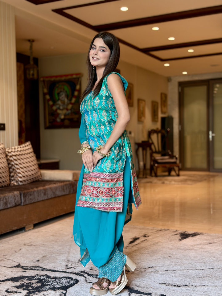 Crepe Heavy Sequin & Zari Embroidered Sleeveless Kurti with Georgette Salwar and Dupatta in Turquoise