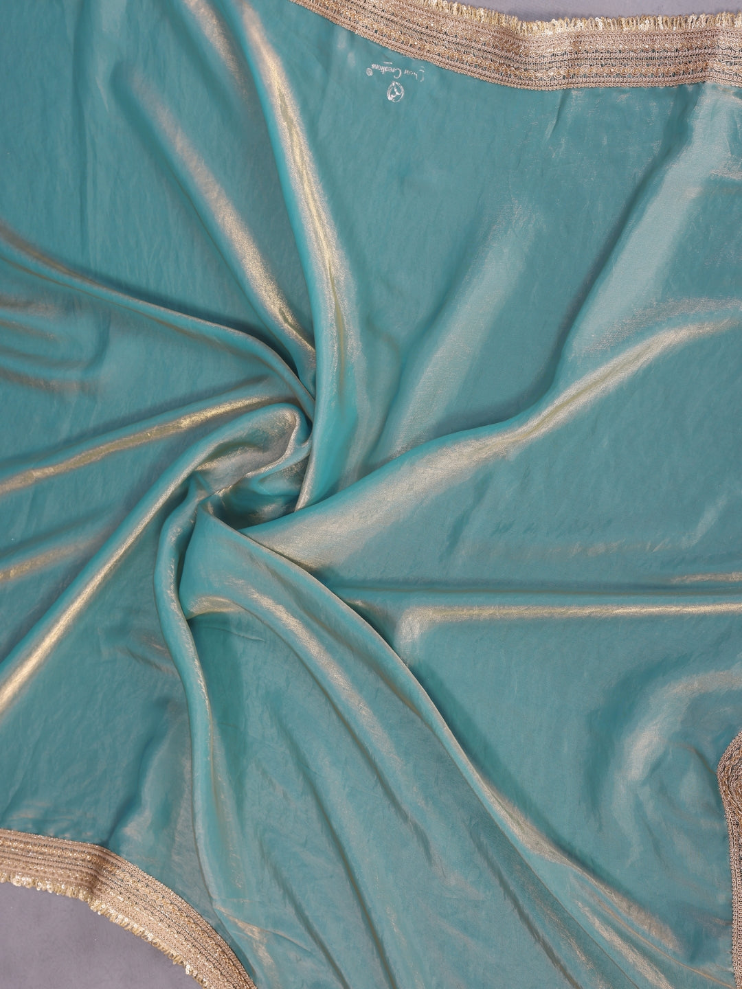 Shimmer Saree with Gold Lace Border & Teal Floral Thread Embroidered Blouse