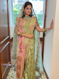 Zari & Sequin Embroidered Floral Jaal Saree with Embroidered Border in Pista Green