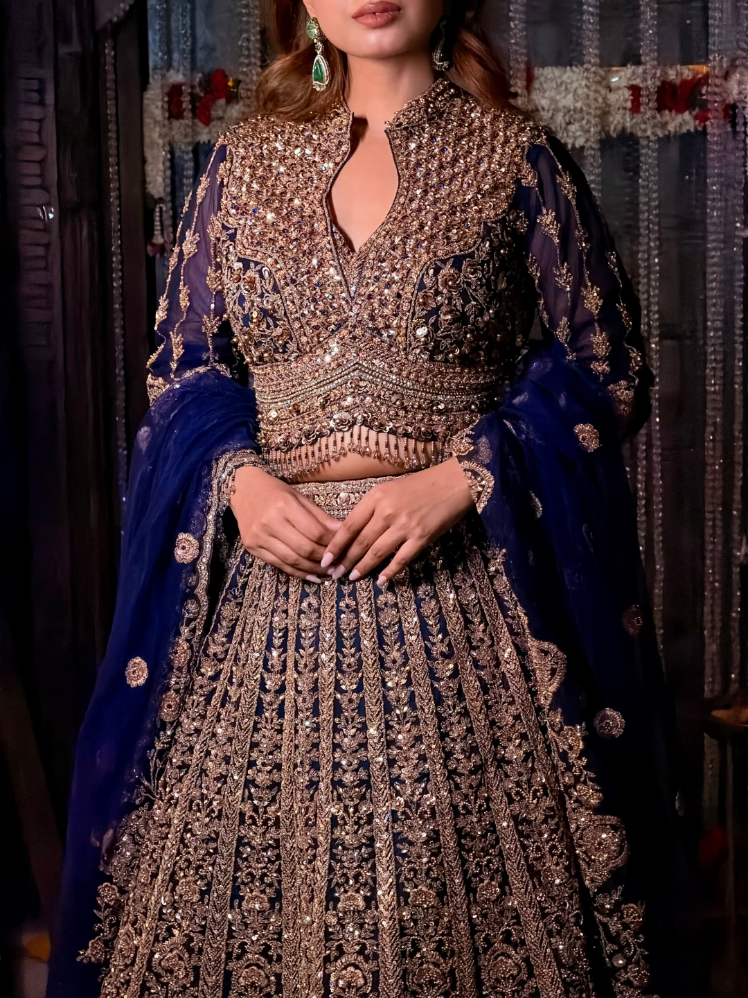 Stone Embellished Lehenga Choli Set in Navy Blue Gold