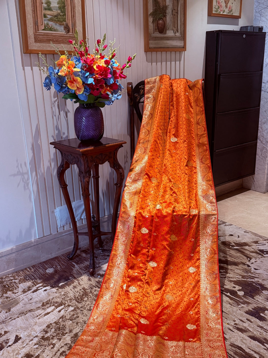 Zari Woven Saree with Gold Floral Motifs and Traditional Brocade Border