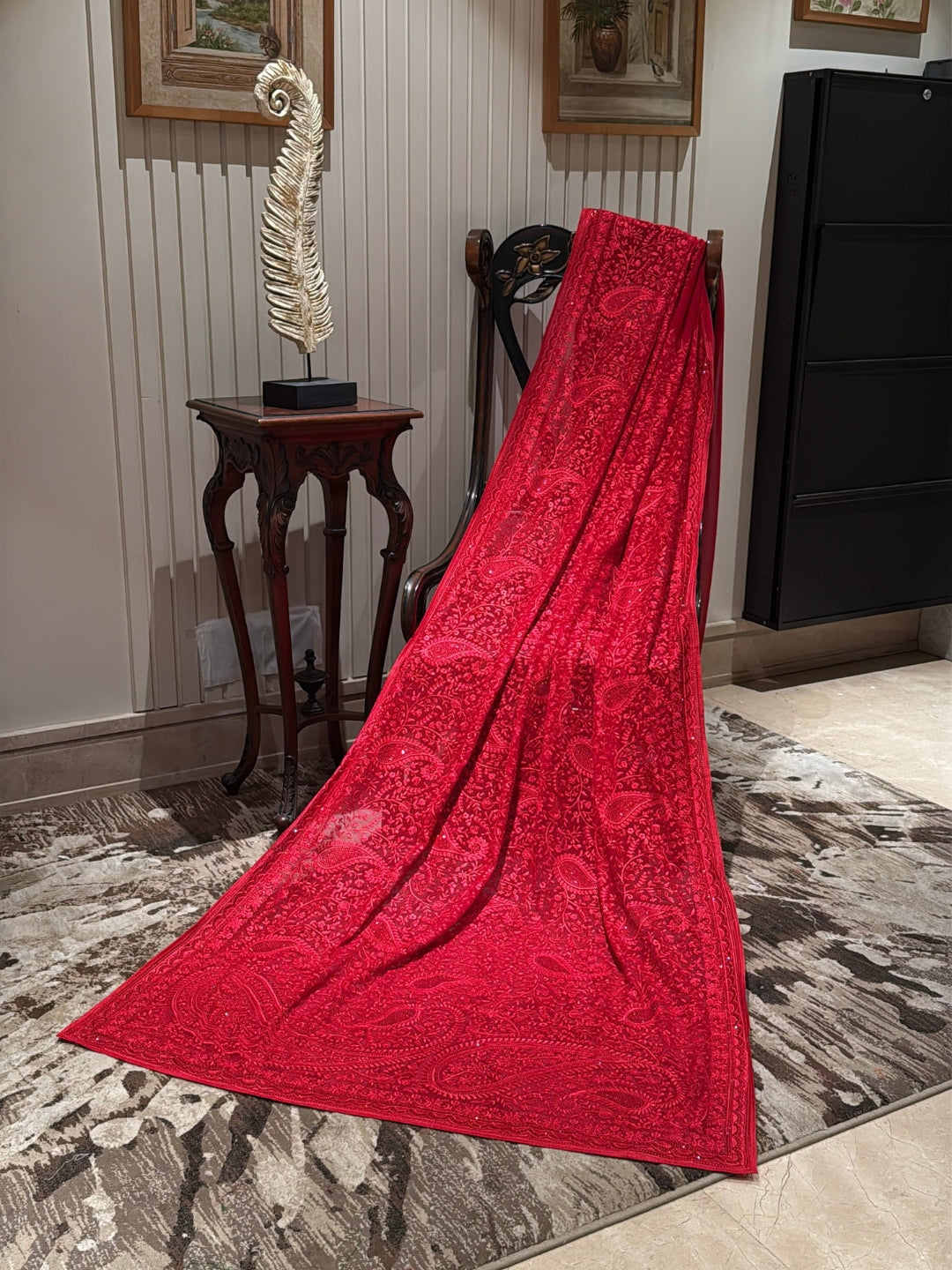 Red Georgette Saree with Tonal Paisley & Floral Thread Embroidery