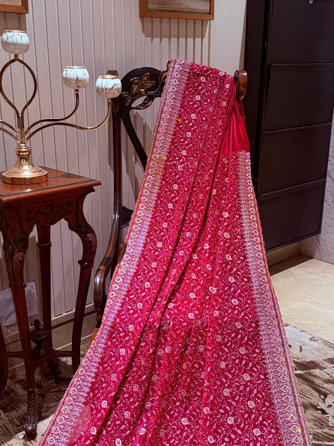 Pinkish Red Saree with Heavy Golden Zari Embroidery & Ornate Floral Motif Border Work